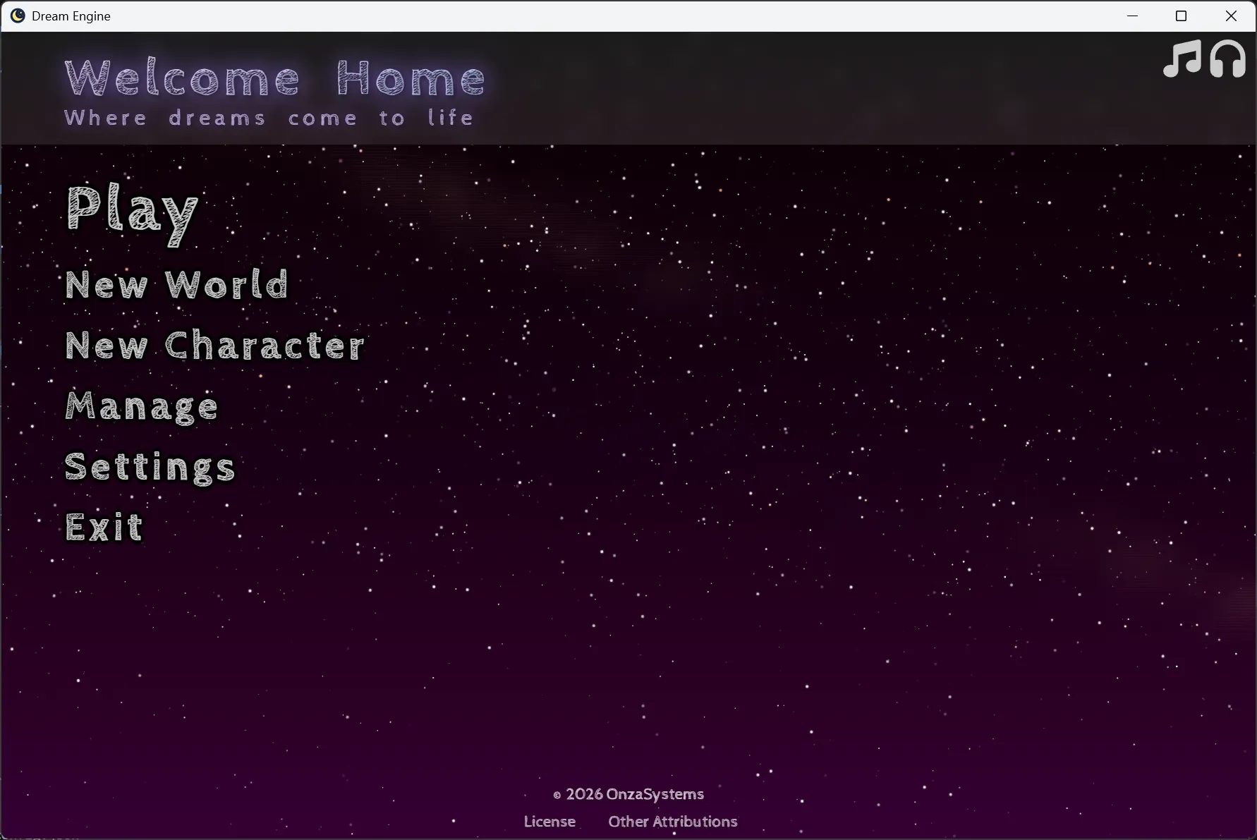DreamEngine home screen